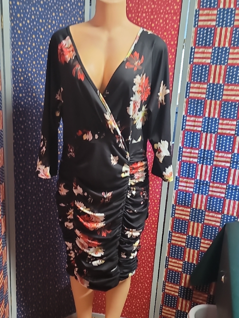 Black Floral Ruched Wrap Dress